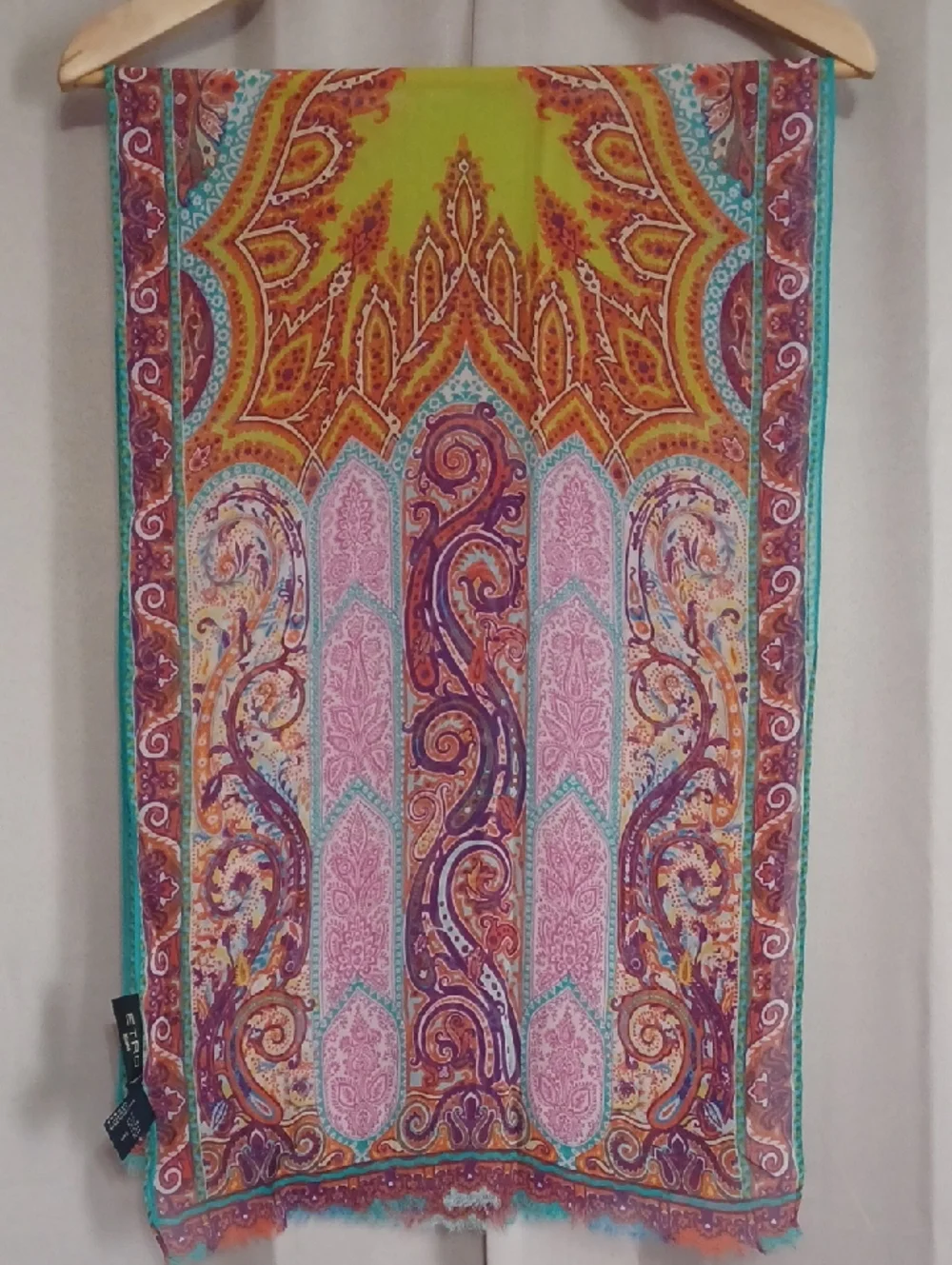 Etro Silk Ornate Paisley Scarf Shawl Wrap Fringe Italy Boho Luxe 50×15 Inches